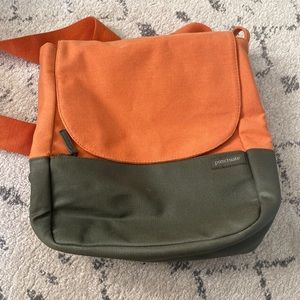 Burnt orange and army green canvas backpack